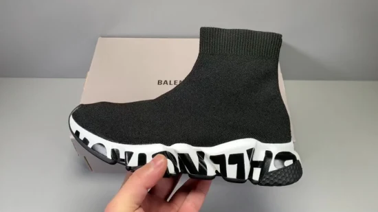 1: 1 Balenciga Men Speed Sneaker in Black Jacquard Knit, White and Black Graffiti Sole Sport Shoes